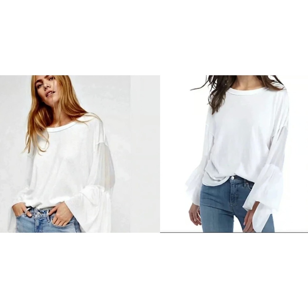 Free People Still‎ Got It Blouse Top Womens M White Ivory Mesh Bell Sleeves Boho